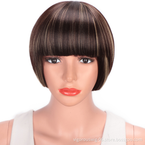 Vigorous Hair Short Straight Hair Bob Wig with Flat Bangs Heat Resistant Synthetic Daily Party Cosplay Wigs for Women
